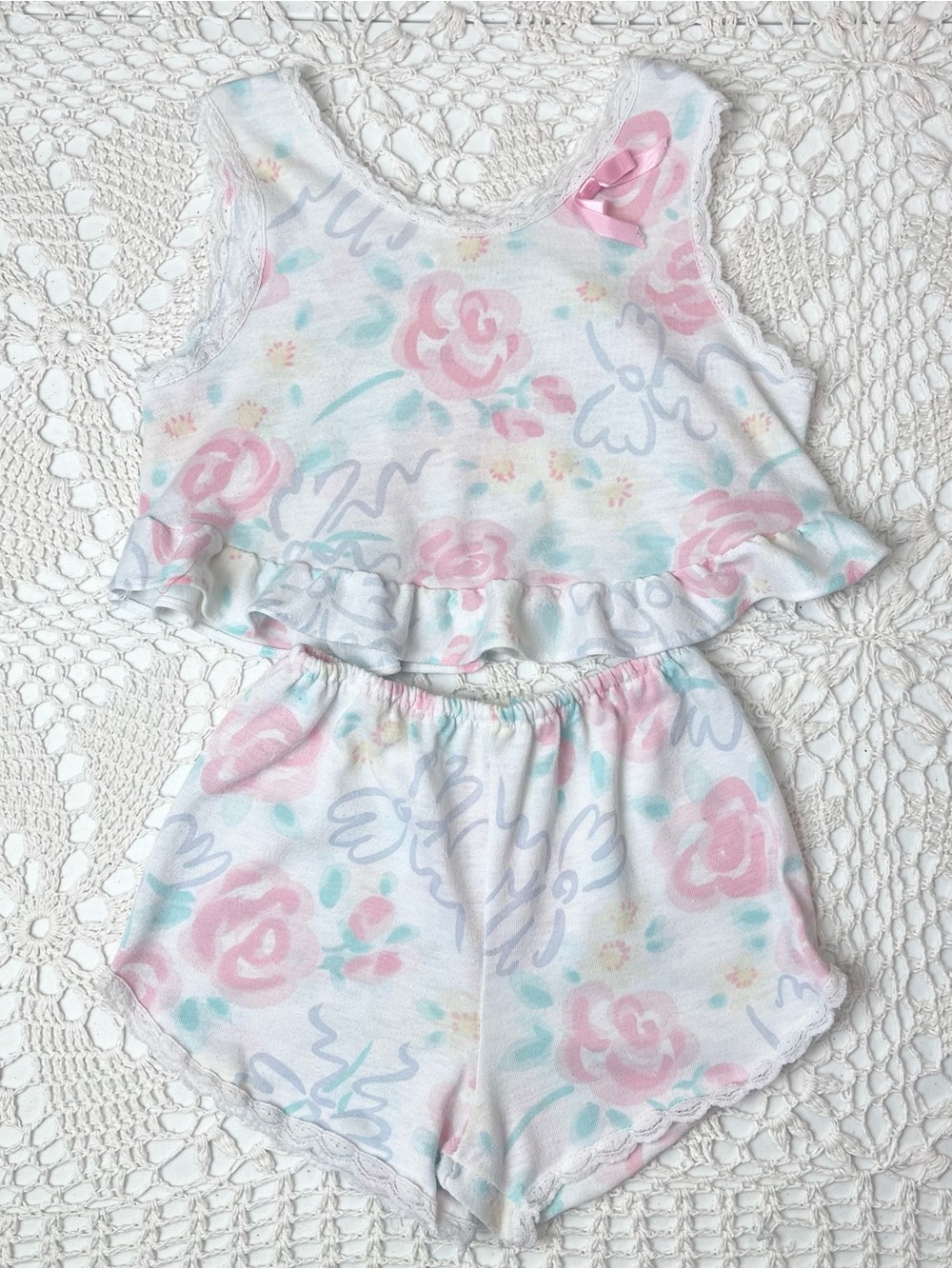 Vintage 1980s Cassie Girls 3-4 Years Pastel Floral Nightie Shirt Shorts Set